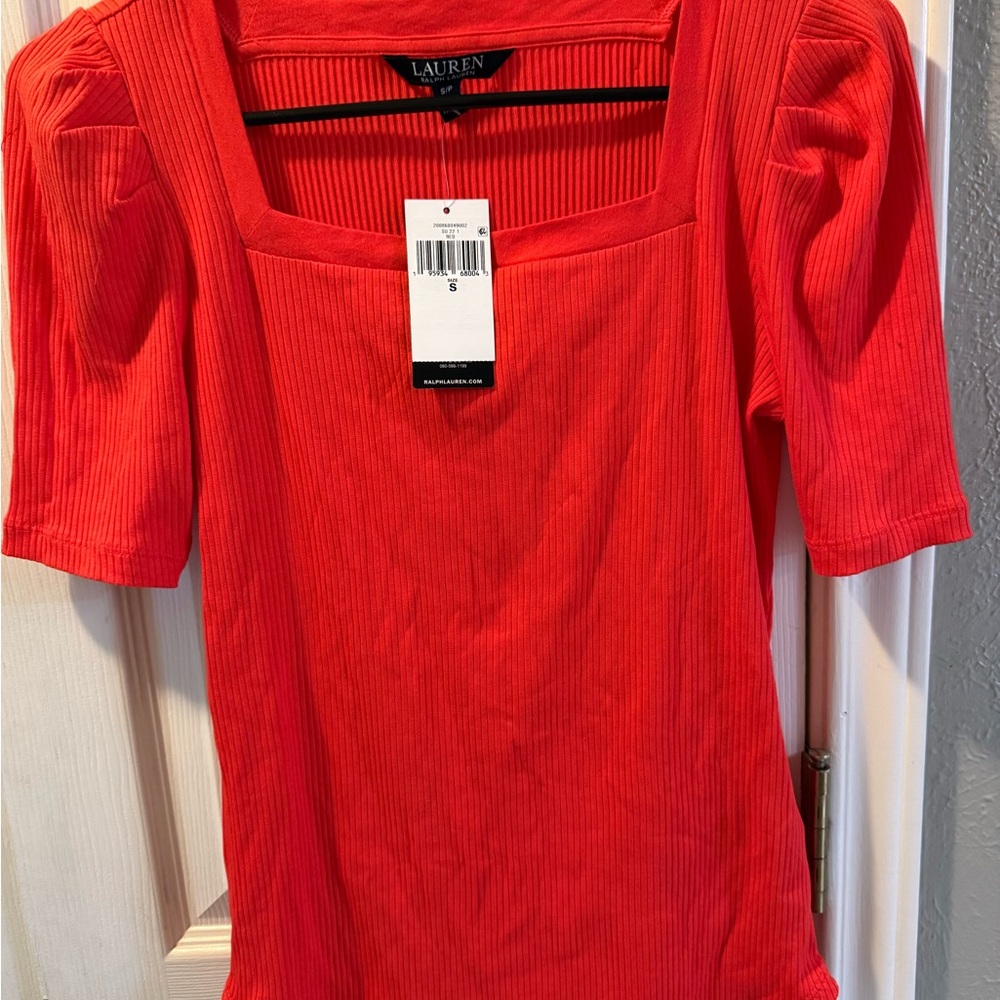 Ralph Lauren Red Ribbed Puffed Sleeve Blouse - Small